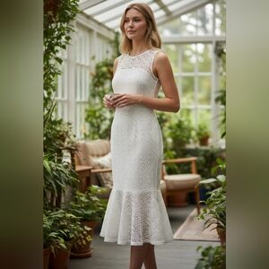 Lauren Ralph Lauren White Floral Lace Trumpet Hem Midi Dress 4 Bridal Feminine